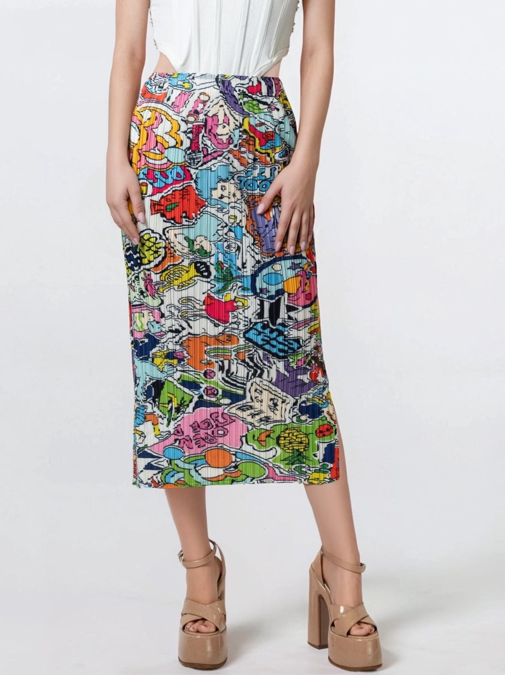 Comic Omnibus Pale Gray/Multi Pleated Midi Pencil Skirt Sz OS NEW